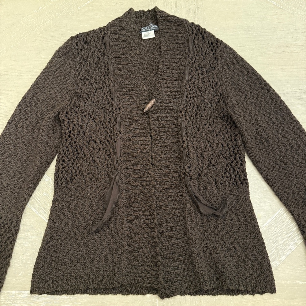Cozy Brown Chunky Knit Cardigan with toggle closure and ribbon detail